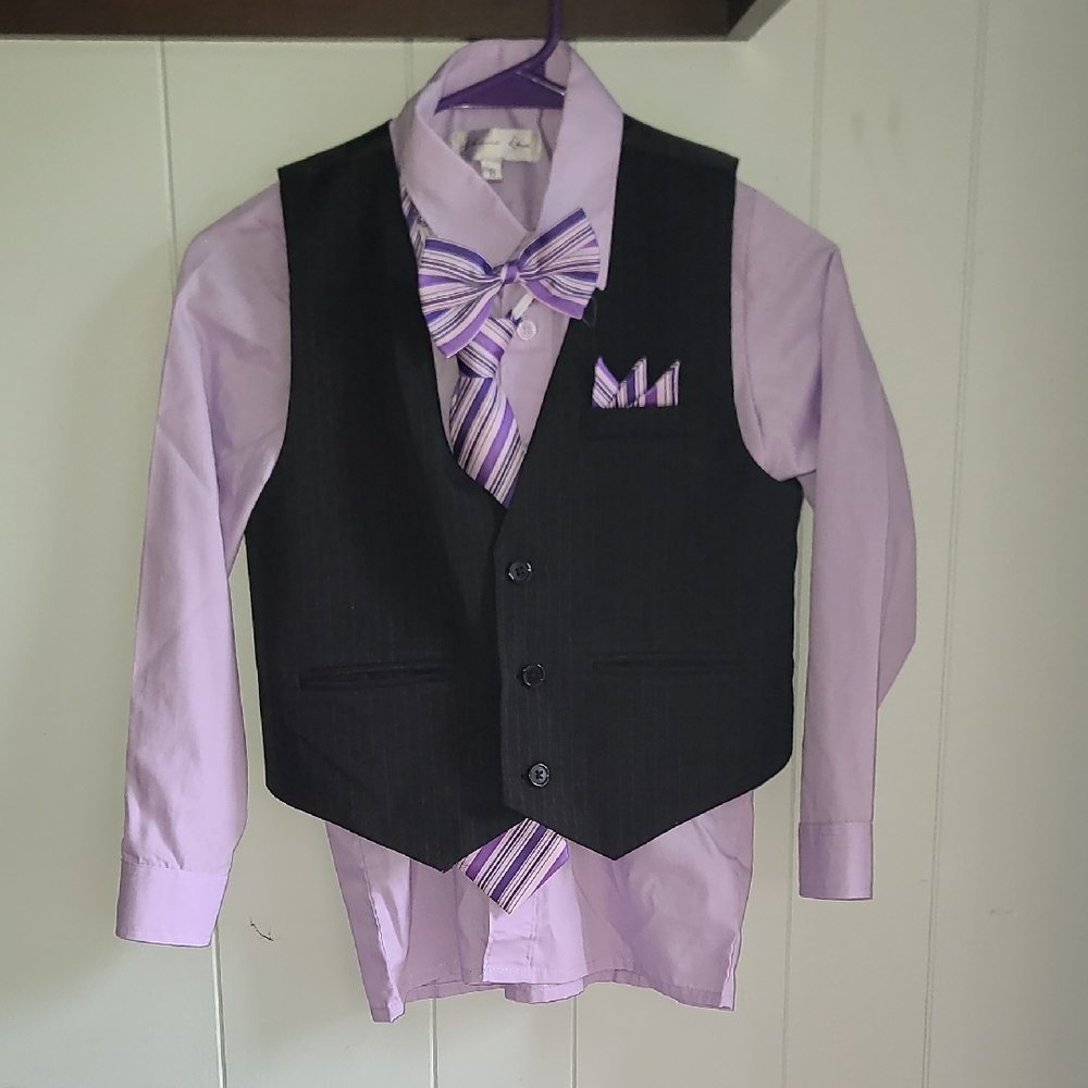 Black Vest with Lavender Shirt and Striped Bow Tie Set